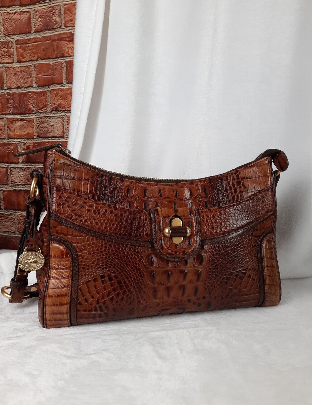 Brahmin Classic Croc-Embossed Brown Shoulder Bag